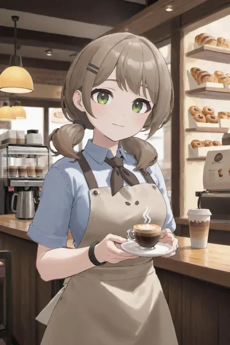 colorful, shine, beautiful-detailed eyes, solo, solo focus, 1girl, disheveled hair, beautiful detailed sky, dynamic angle, dynamic hair, cinematic light, glow white particles,
cafe, brown beret, brown apron, full body,
light smile,
Style - Cozy and Quaint
Background - Charming Café with Rustic Interior
Subject - Barista Wearing a Brown Beret and Apron
View - Inviting Scene Bathed in Morning Sunlight
Appearance - Casual and Approachable
Outfit - Brown Beret and Front-Tie Apron
Pose - Engaged in Café Work, Serving Customers
Details - Steam from Coffee Cups, Display of Pastries
Effects - Warm Morning Sunlight Creating a Comforting Ambiance
Description - "Step into the cozy embrace of a quaint café, where the morning sunlight filters in through the windows, casting a warm and inviting glow. As you enter, your gaze is drawn to the barista behind the counter, a friendly figure wearing a brown beret and an apron tied neatly at the front.
The café's rustic interior complements the barista's attire, creating an atmosphere of comfort and relaxation. The wooden furnishings and warm hues create a harmonious space that seems to welcome guests to linger and enjoy a quiet morning.
The barista's appearance is casual yet stylish, embodying the café's laid-back vibe. The brown beret adds a touch of charm, while the front-tie apron serves as a practical and fashionable addition to the ensemble.
With a skillful hand, the barista works diligently, preparing and serving a variety of hot beverages to customers. The gentle hum of conversation and the rich aroma of freshly brewed coffee fill the air, creating an atmosphere that is both familiar and comforting.
As you watch the barista expertly craft each order, you can't help but be captivated by the steam rising from the cups, creating an almost ethereal quality in the morning sunlight. The display of pastries and baked goods adds to the café's allure, tempting you to indulge in a sweet treat to accompany your drink.
The morning sunlight plays a significant role in enhancing the café's ambiance, bathing everything in a soft and golden glow. It's a scene that invites you to savor the simple pleasures of life – a hot cup of coffee, the warmth of the sun, and the genuine hospitality of the café.
In this corner of tranquility, time seems to slow down, allowing you to fully appreciate the beauty of a peaceful morning. The barista's presence and the café's ambiance come together to create an experience that feels like a warm embrace, a respite from the hustle and bustle of the outside world."
<lora:viichan_XL_v1-000002:0.4>, green eyes, light brown hair, low twintails, hairclip, bangs