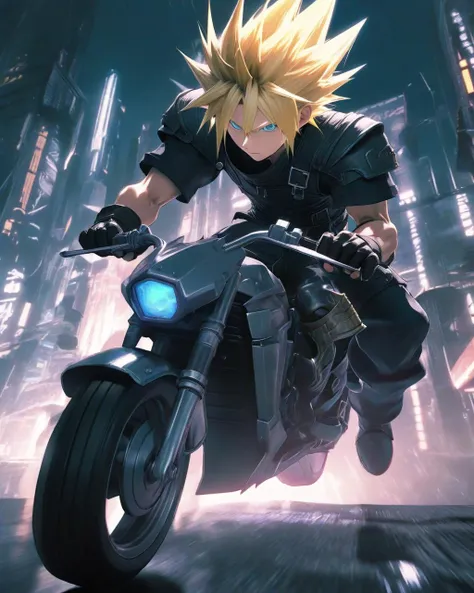 Anime, Cloud Strife, with his iconic spiky blonde hair, races on a roaring motorcycle, slashing skillfully at pursuing Shinra troops. The dystopian city of Midgar's multilayered neon lights rush by in a dazzling display, casting brilliant reflections on his massive Buster Sword, creating a harmonious dance of light and metal with every swing.