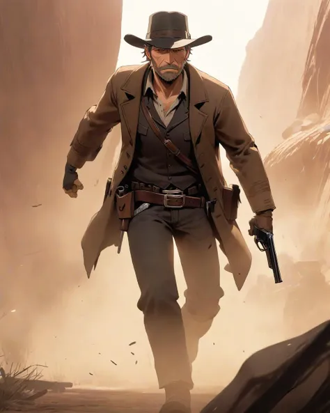 Anime, Arthur Morgan, the conflicted outlaw of the Van der Linde gang, finds himself in a tense canyon showdown, facing a group of rival outlaws. The atmosphere is thick with anticipation, as swirling dust tornadoes create a hazy curtain. The sound of cocking guns fills the air, while overhead, eagles circle expectantly, awaiting the outcome of this deadly encounter.