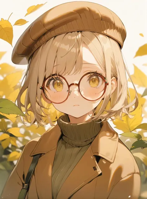 close up, masterpiece, best quality, bokeh, cute, 1girl, solo, beret, hair clip, beige hair, round eyewear, brown jacket, turtleneck sweater, upper body, looking at viewer, yellow eyes, closed mouth, leaf, white background, plant