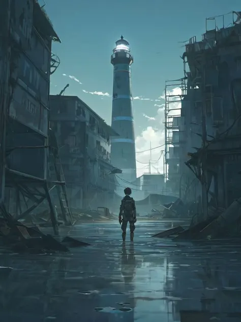 ruined lighthouse, half flooded with water, post-apocalyptic world, looking away cyborg from behind, dilapidated buildings, by makoto shinkai
