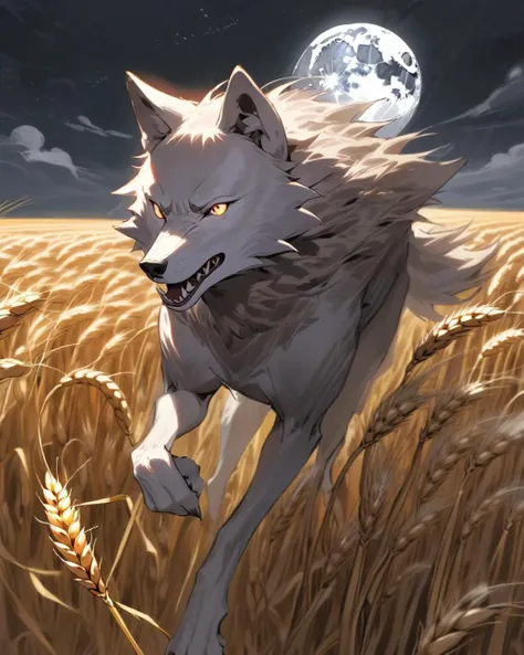 Holo, in her wolf form, races across a moonlit wheat field, chasing off merchants trying to cheat Lawrence. Every rustle and wind gust echoes her ancient spirit's presence.