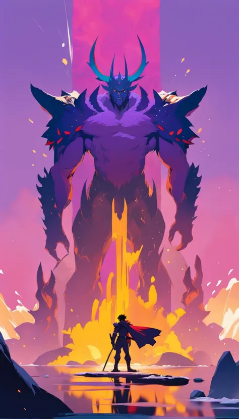 a warrior standing on large rock cliff wearing gold and black fantasy armor facing off against a large water monster with purple scales in a large marble building, colorful magic is erupting from the ground,