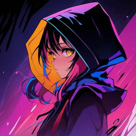 anime girl, 2d game noir comic art, dark and moody, ink and wash, graphic novel inspired, background bold lines, splash of color, startling prismatic multicolored layered eyes, (negative space:1.3), light background, [(white background:1.2)::3],  dynamic lighting, (blue pink orange and purple:1.0), Kazuki Nakashima, black hood, looking back, (flicks of yellow:.8)