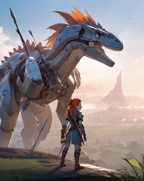 Anime, Aloy gazes across a vast horizon from a vantage point atop a hill at dawn. Beneath her, enormous robotic dinosaurs roam, their metallic parts gleaming in the soft morning light. With determination, she readies an electrically-charged arrow, planning her next move in this futuristic, primitive world.