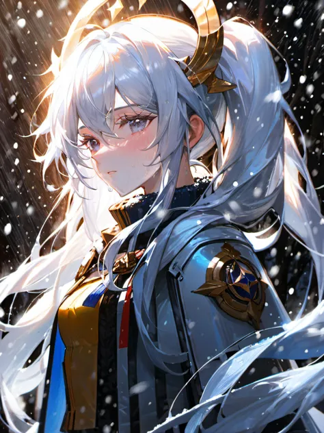 masterpiece, (aesthetic color:0.8), detailed hair ornament,cold lighting,snow particles,perfect face,heterochromia,best quality,adult,god rays,ice,1girl,shiny skin, volumetric lighting,sweating,long twintail hair style,white hair,pointy ears, snow armor,[golden pattern on armor::10],white fur cape, beautiful [(snowy forest):(dark):5] background, expressionless,mksks style,
