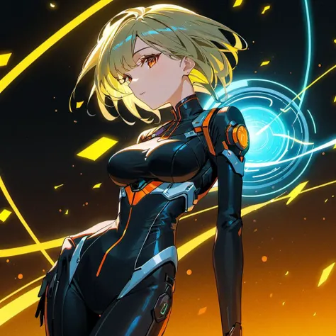 <lora:040790-000004:1> 040790 woman, <lora:Bodysuit v13:0.8> 1girl, petite, bodysuit, background, cyberpunk, neon color, science fiction, medium breasts, orange vest,