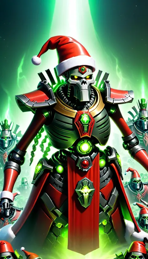 breathtaking An army of AI Overlord Santa Necrons with Santa hats, detailed piercing multicolored glowing eyes, scenery, detailed background, masterpiece, best quality, high quality, absurdres, TransformersStyle <lora:necrons_xl_v1:1> <lora:TransformersStyleXL:1> <lora:xl_more_art-full_v1:1> . award-winning, professional, highly detailed