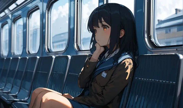 cinematic angle, masterpiece, best quality, solo, 1girl on the train,cute,  sitting, school uniform, looking away, black hair, brown eyes, pixiv, depth of field