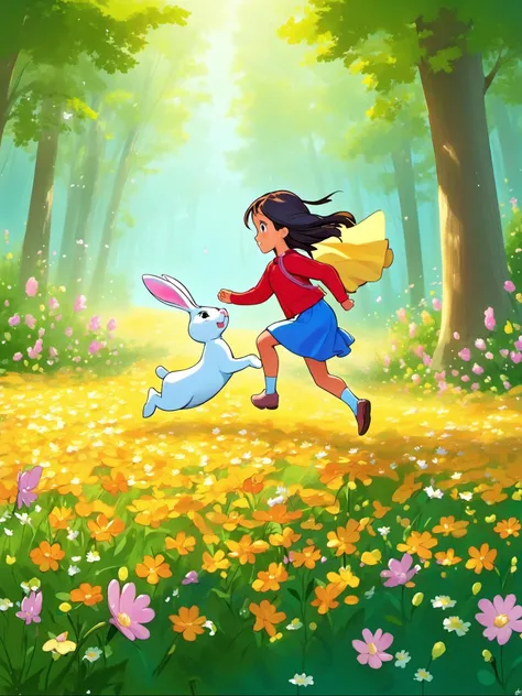 As they continue their journey through the woods,they come across a clearing filled with vibrant wildflowers. The girl's eyes light up with joy as she runs into the field,twirling among the blooms. The rabbit follows her lead,hopping along and nibbling on the petals and leaves.,