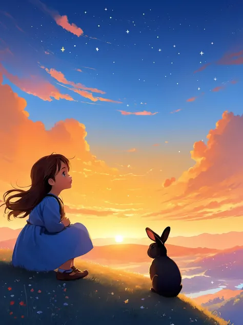 1girl,As the sun begins to set,the sky transforms into a breathtaking display of colors. The girl stops in her tracks,gazing up at the sky in wonder. The rabbit snuggles up to her feet,content to watch the stars twinkle in the night sky.,