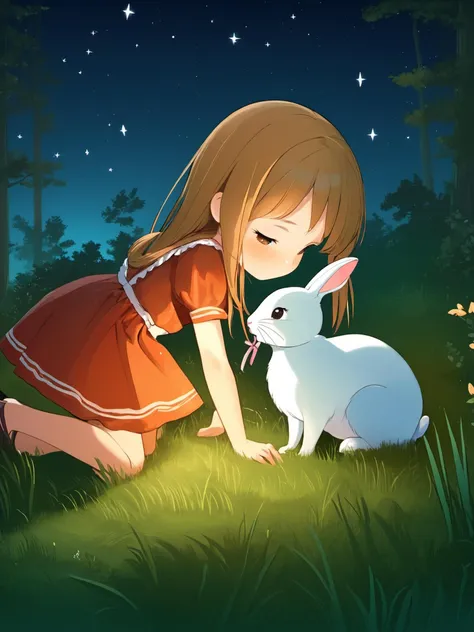 1girl,rabbit,Together,they explore the forest,their bond growing stronger with each passing moment. As the night falls,they lay down on a patch of soft grass,gazing up at the stars and listening to the sounds of nature. It's a moment of pure bliss,a memory that will last a lifetime.,