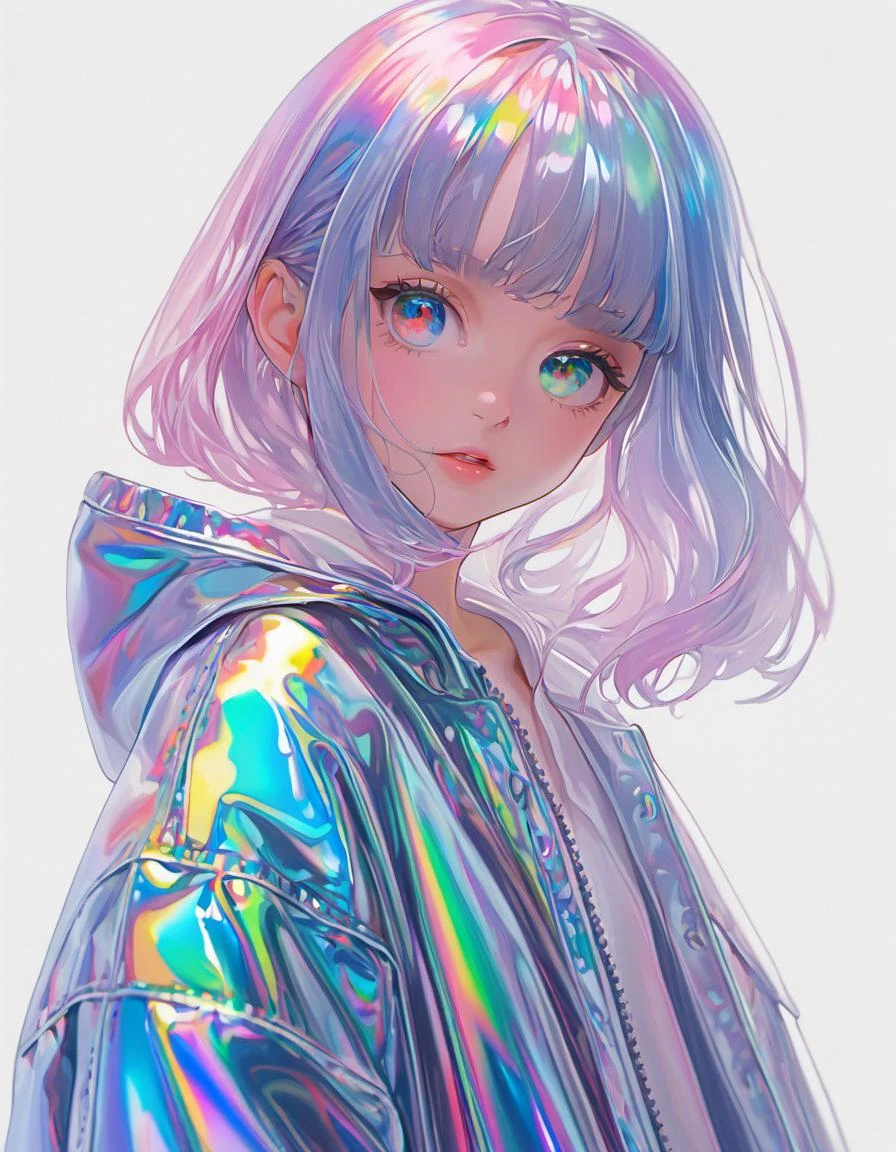 transparent color PVC clothing, transparent color vinyl clothing, prismatic, holographic, chromatic aberration, fashion illustration, masterpiece, girl with harajuku fashion, looking at viewer,beautiful eyes, 8k, ultra detailed, pixiv,(full body shot),rainbow theme