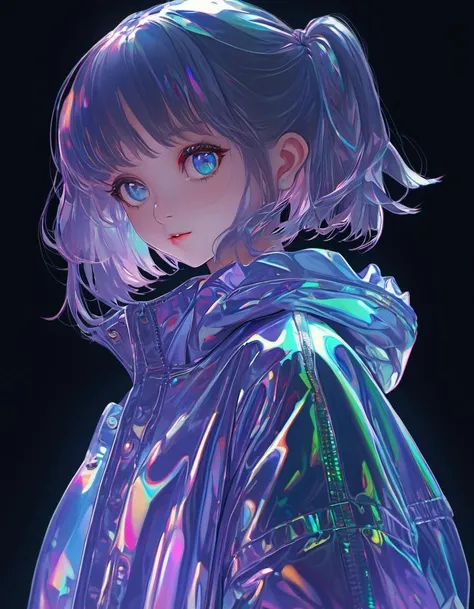 transparent color PVC clothing, transparent color vinyl clothing, prismatic, holographic, chromatic aberration, fashion illustration, masterpiece, girl with harajuku fashion, looking at viewer,beautiful eyes, 8k, ultra detailed, pixiv,(extent full body shot),dark theme 
