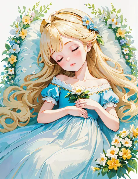 portrait of a sleeping beauty, completely white picture, extremely soft colors, flowers, by Hannah Dale, disney,