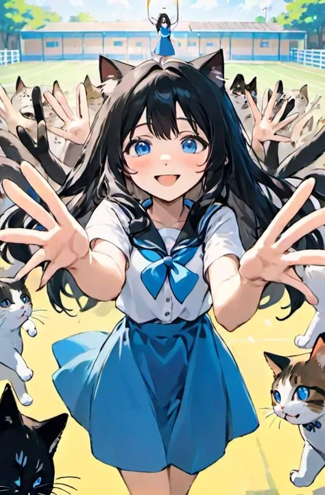 1 girl showing hands, arms in front of the chest waving, on the play field in a school, long hair, blue dress with white shirts, smiling, black hair, blue eyes, anime style, many many ((cats)), <lora:aihands:0.8>