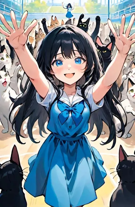 1 girl showing  hands, arms in front of the chest waving, on the play field in a school, long hair, blue dress with white shirts, smiling, black hair, blue eyes, anime style,  many many ((cats)),   <lora:aihands:0.8>