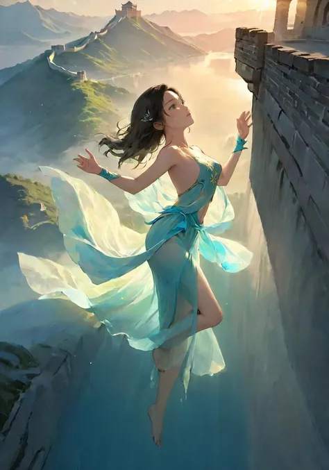 ethereal fantasy concept art of 1girl,side light,Highly detailed,sharp focus,extreme detail description,gufeng1,full body,
available light,<lora:gufeng_SDXL_1reg0_>,rim light,Volumetric Lighting,Cinematic Lighting,moody lighting,colorful sunshine,a glowing body,the background is the great wall and the lake water,<lora:dili_SDXL_1_:0.9>,dili,, magnificent, celestial, ethereal, painterly, epic, majestic, magical, fantasy art, cover art, dreamy