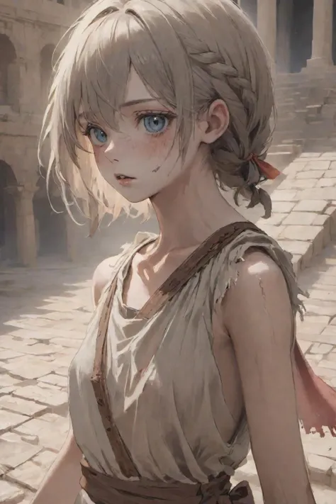 masterpiece, best quality,
highly detailed beautiful face and eyes,
newbie young,
Girl gladiator ,
Rookie fighter,
(emaciated:1.4),
(injured:0.9), (bloodshed:0.3), (dirty hair:1.3),
(broken cloth:1.7), (ripped cloth:1.5),
Slashing, crushing, punching, kicking, pouncing, killing,
abrasions, bruises,
(tunic:0.5), (dress:0.1), (armed:0.4),
(close-up:0.3), (full body:0.5),
(audience:0.0),
(Colosseum:0.8),
<lora:more_details:0.5>