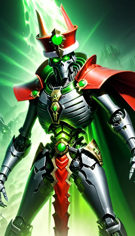 breathtaking Overlord, artificial intelligence, Necrons, wearing Santa hat, cape, detailed piercing multicolored glowing eyes, scenery, detailed background, masterpiece, best quality, high quality, absurdres, green team, TransformersStyle <lora:necrons_xl_v1:1> <lora:TransformersStyleXL:1> <lora:xl_more_art-full_v1:1> . award-winning, professional, highly detailed