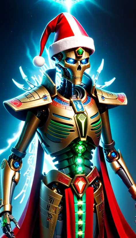 breathtaking AI Overlord Necrons wearing Santa hat, cape, artificial intelligence, cybernetics, led lights, glowing ancient hieroglyphs all over the body, detailed piercing multicolored glowing eyes, Christmas scene, scenery, detailed background, masterpiece, best quality, high quality, absurdres, TransformersStyle <lora:necrons_xl_v1:1> <lora:TransformersStyleXL:1> <lora:xl_more_art-full_v1:1> . award-winning, professional, highly detailed