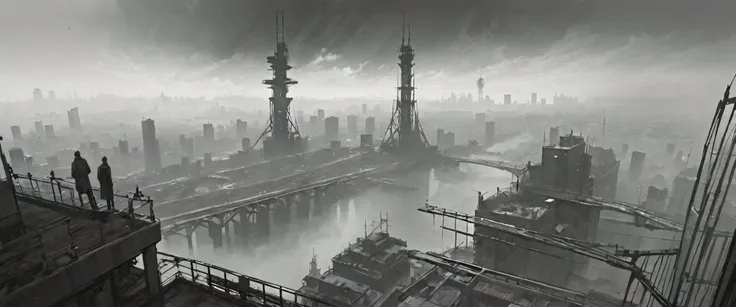 picture-perfect, scenery, building, ((monochrome)), ((city)), greyscale, no humans, fog, outdoors, science fiction, cityscape, ruins, ((skyscraper)), from above, cyberpunk, sky, cloud, from behind, tower, grey sky, grey theme, crane (machine), cloudy sky, lamppost, smoke, bridge, grey background, post-apocalypse, spacecraft, light rays, concept art
