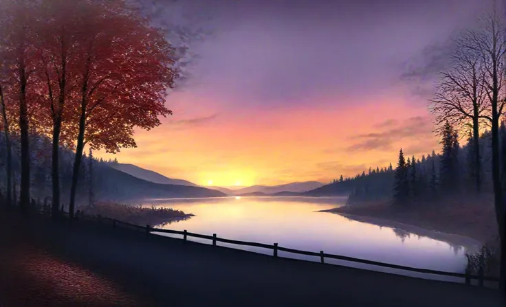 scenery,hazy lighting,Moody atmosphere,godrays,(mountainous horizon:1.3),lake,nature,petals,tree,(water:1.2),(sunset:1.3),forest,1girl,autumn,autumn leaves,a matte painting,building,dusk,cloud,fence,gradient sky,lake,long sleeves,outdoors,road,scenery,skirt,standing,tree,<lora:MinimalLandscapeXL:0.7>,drawing of a minimalist landscape,
