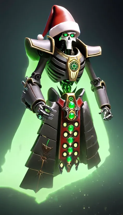 breathtaking A legion of AI Overlord Santa Necrons with Santa hat, detailed piercing multicolored glowing eyes, scenery, detailed background, masterpiece, best quality, high quality, absurdres ,TransformersStyle <lora:necrons_xl_v1:1> <lora:TransformersStyleXL:1> . award-winning, professional, highly detailed