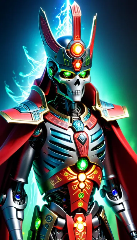 breathtaking AI Overlord Necrons wearing Santa hat, cape, artificial intelligence, cybernetics, led lights, glowing ancient hieroglyphs all over the body, detailed piercing multicolored glowing eyes, scenery, detailed background, masterpiece, best quality, high quality, absurdres, TransformersStyle <lora:necrons_xl_v1:1> <lora:TransformersStyleXL:1> <lora:xl_more_art-full_v1:1> . award-winning, professional, highly detailed