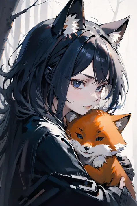 score_9, score_8_up, score_7_up, wolf ears, 1girl, hugging a fox, portrait, <lora:InkXLP6lokrV43P1T2:0.8> watercolor, (b&w, Monochromatic, Film Photography:1.3), Photorealistic, Hyperrealistic, Hyperdetailed, film noir, analog style, hip cocked, demure, low cut, soft lighting, subsurface scattering, realistic, heavy shadow, masterpiece, best quality, ultra realistic, 8k, golden ratio, Intricate, High Detail, film photography, soft focus