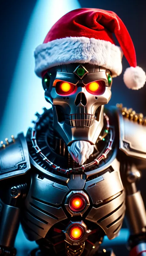 cinematic film still AI Overlord Santa Necrons with Santa hat, detailed piercing multicolored glowing eyes, scenery, detailed background, masterpiece, best quality, high quality, absurdres, TransformersStyle <lora:necrons_xl_v1:1> <lora:TransformersStyleXL:1> <lora:xl_more_art-full_v1:1> . shallow depth of field, vignette, highly detailed, high budget Hollywood , bokeh, cinemascope, moody, epic, gorgeous, film grain, grainy