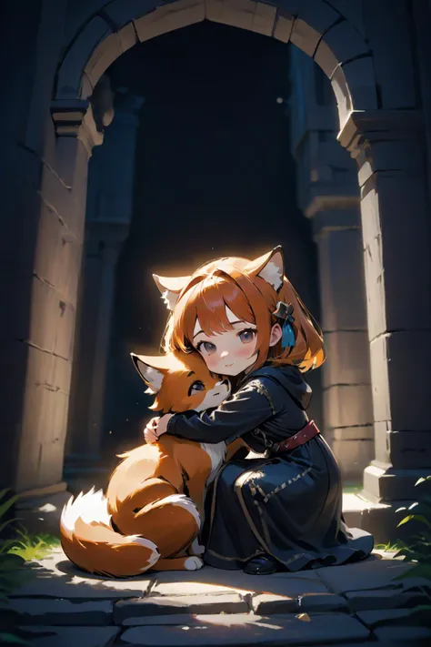 score_9, score_8_up, score_7_up, animal ears, dark scene, dark lighting, 1girl, hugging a fox, Ancient ruins with a sense of mystery and history <lora:Anime Summer Days 2 Style SDXL_LoRA_Pony Diffusion V6 XL:0.8>, cute, tiny, little chibi, kawai, furry, great face expression, dynamic pose, trending on artstation, cinematic, hyper realism, high detail, 8k, 8mm, octane render, bokeh, artstation, detailed, character design by mark ryden and pixar