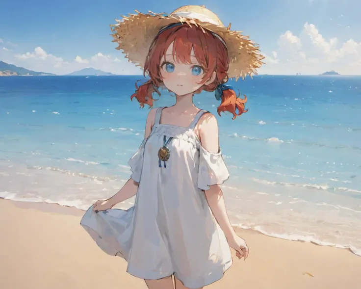 highly detailed charactor, highly detailed clothes, miniature,
fantasy,
young girls,Villagers,
,
Blue eyes,
Red hair,
short  Wavy  ponytails hair,
center part bangs,
summer dresses,straw hat,simple dresse,
 white clothes,
one-shoulder,
above the knee length tunic,
atmosphere of  ancient  Roman,
,
sea side,
summer,so hot,heavy sunshine,sunny,Scorching sun,Extreme heat,
wind,
full body,
detail background,depth of field,
beautiful eyes,
<lora:more_details:0.5>,[Generated by Ymlpha::999],