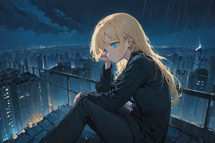 masterpiece, best quality, 1girl, depressed, sitting on rooftop, tears, blue eyes, blonde hair, crying with eyes open, night, city lights, skyscrapers,