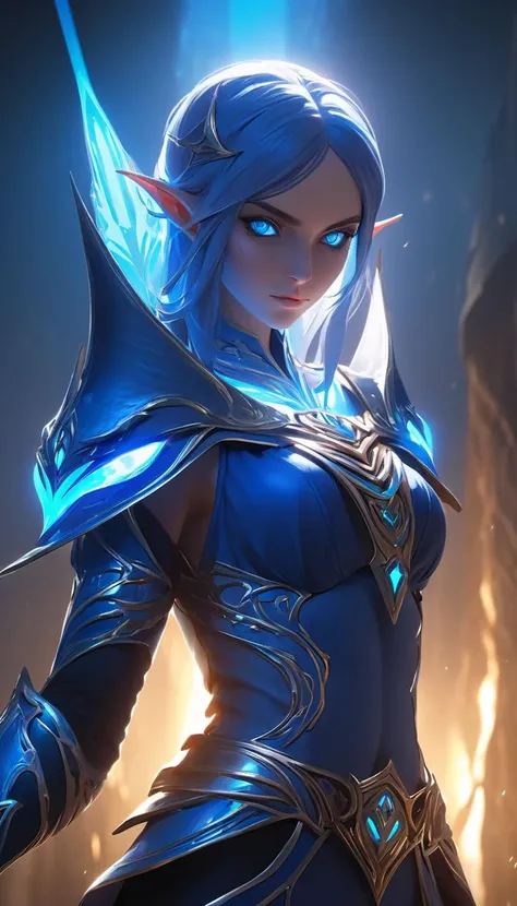 Evil Epoch elf, blue team, glowing, vivid, extremely beautiful glowing piercing eyes, cinematic scene, hero view, action pose, scenery, detailed background, masterpiece, best quality, high quality, absurdres <lora:AI_Overlord_Santas_-_The_Green_Team_LoRA:1>