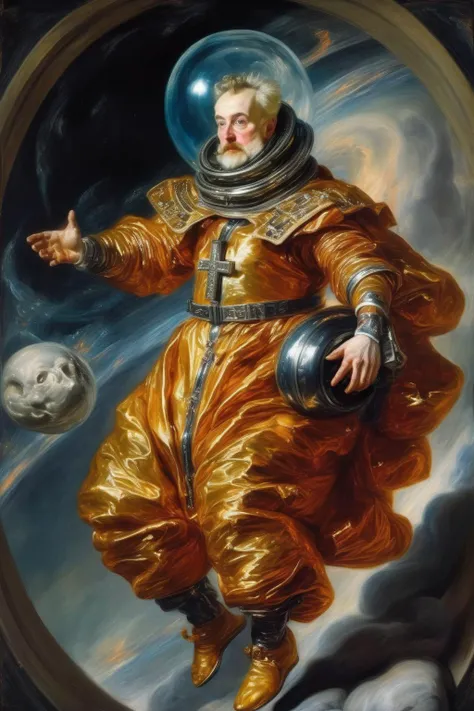<lora:Peter Paul Rubens Style:1>Peter Paul Rubens Style - space priest in spacesuit with cross riding monowheel