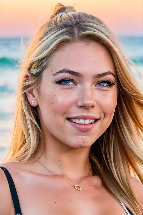 (JuttaLeerdam_V2), ((laugh512)), (8k, RAW photo, best quality, masterpiece:1.2), (realistic, photo-realistic:1.37), best quality, ultra high res, (focus face:1.8), (portrait face:1.7), (close-up face:1.5), (high contrast:1.1), (intense:1.1), (detailed:1.1), highest quality, (analog:1.2), (high sharpness), real shadow, photographed by Canon EOS R6, 135mm, 1/1250s, f/2.8, ISO 400, (shirt:1.2), (morning:1.2), (beach:1.2), (sunrise:1.2)