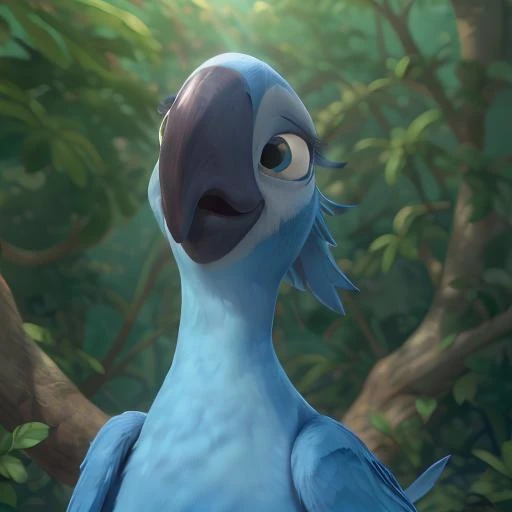 Portrait of Jewel <lora:Rio Diffusion V1:0.7> smile, blush, detailed, 3d, cgi, blue feathers, bird, macaw, looking at viewer, beak, macaw beak, realistic, (masterpiece), best quality, high resolution, highly detailed, detailed background, perfect lighting, one head, bird feets, tree branch, full body, bird body, singing, spread wings
