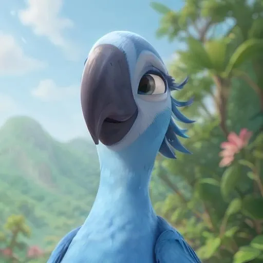 Portrait of Jewel <lora:Rio Diffusion V1:0.7>  smile, blush, detailed, 3d, cgi, blue feathers, bird, macaw, looking at viewer, beak, macaw beak, realistic,  (masterpiece), best quality, high resolution, highly detailed, detailed background, perfect lighting, one head,