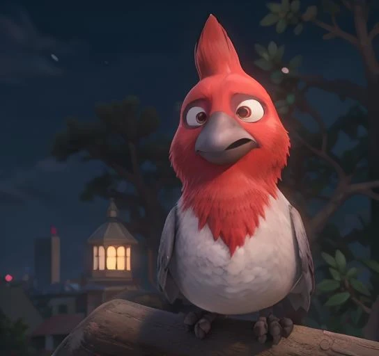 Portrait of Pedro as a spectator at a soccer stadium, <lora:Rio Diffusion V1:0.7> scared,worried, detailed, 3d, cgi, bird, looking at viewer, realistic, (masterpiece), best quality, high resolution, highly detailed, detailed background, perfect lighting, one head, bird feet, tree branch, bird body, back view, sitting on branch, night, tail feather, night city, city background, city lights, fireworks, shiny moon, moonlight, brown iris, two feets, red and grey bird