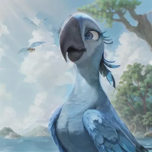 Portrait of Jewel <lora:Rio Diffusion V1:0.7>, cartoon, cgi, female macaw, blue feathers, large pupils, looking at viewer, front view, detailed, high quality, 4k, water in background, eyelashes, look at viewer, wings, bird, avian, cliff, watching at viewer, looking at you, angry, fullbody, tree, branch