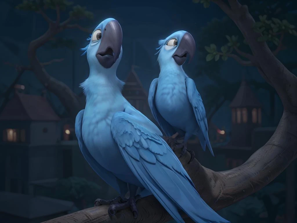 Portrait of Jewel <lora:Rio Diffusion V1:0.7> scared,worried, detailed, 3d, cgi, blue feathers, bird, macaw, looking at viewer, beak, macaw beak, realistic, (masterpiece), best quality, high resolution, highly detailed, detailed background, perfect lighting, one head, bird feets, bird feet, tree branch, bird body, back view, sitting on branch, blue iris, night, tail feather, night city, city background, city lights,