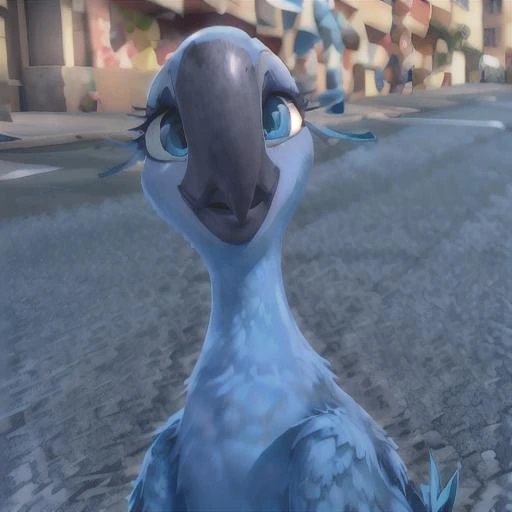 Portrait of Jewel <lora:Rio Diffusion V1:0.8>, cartoon, cgi, female macaw, blue feathers, large pupils, front view, detailed, high quality, 4k, sweet smile, street, interior, eyelashes, anthro, clothes, sfw,