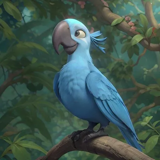 Portrait of Jewel <lora:Rio Diffusion V1:0.7>  smile, blush, detailed, 3d, cgi, blue feathers, bird, macaw, looking at viewer, beak, macaw beak, realistic,  (masterpiece), best quality, high resolution, highly detailed, detailed background, perfect lighting, one head, bird feets, bird feet, tree branch, bird body, spread wings, side view, sitting on branch, blue iris