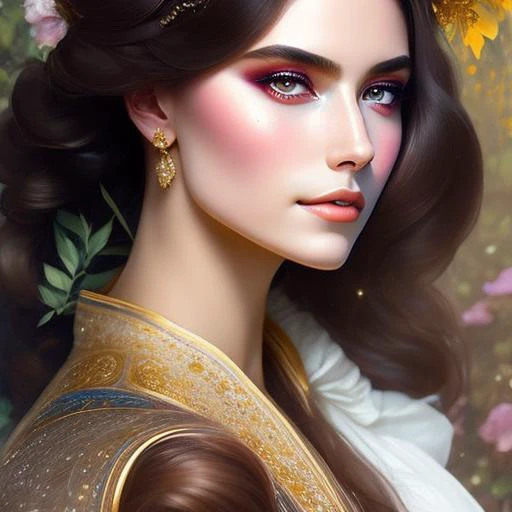 Beautiful portrait of a gorgeous princess, beautiful princess, round shaped face, round button nose, glowing glass skin, sparkling hazel green eyes, highlighted chestnut brown long straight hair, adorned in intricate golden jewelry, confident half smile, face painting, dramatic lighting, intricate, wild, exotic beauty, highly detailed, digital painting, artstation, concept art, smooth, sharp focus, illustration, art by artgerm and greg rutkowski and alphonse mucha, footage from space camera