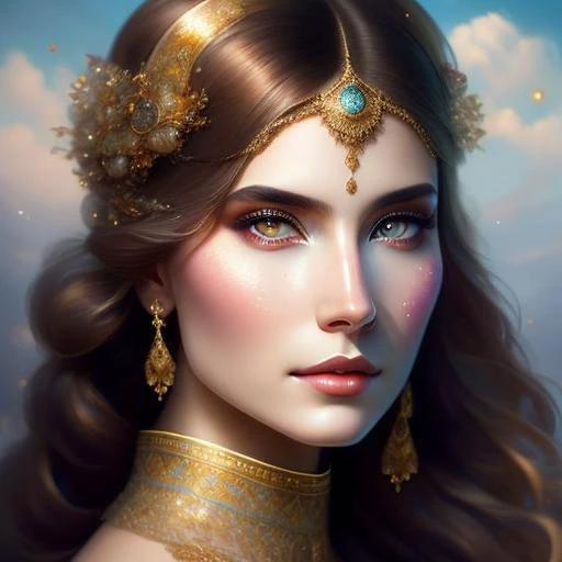 Beautiful portrait of a gorgeous princess, beautiful princess, round shaped face, round button nose, glowing glass skin, sparkling hazel green eyes, highlighted chestnut brown long straight hair, adorned in intricate golden jewelry, confident half smile, face painting, dramatic lighting, intricate, wild, exotic beauty, highly detailed, digital painting, artstation, concept art, smooth, sharp focus, illustration, art by artgerm and greg rutkowski and alphonse mucha, footage from space camera