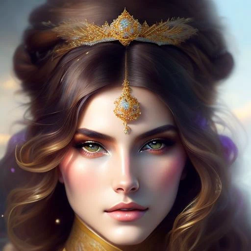 Beautiful portrait of a gorgeous princess, beautiful princess, round shaped face, round button nose, glowing glass skin, sparkling hazel green eyes, highlighted chestnut brown long straight hair, adorned in intricate golden jewelry, confident half smile, face painting, dramatic lighting, intricate, wild, exotic beauty, highly detailed, digital painting, artstation, concept art, smooth, sharp focus, illustration, art by artgerm and greg rutkowski and alphonse mucha, footage from space camera