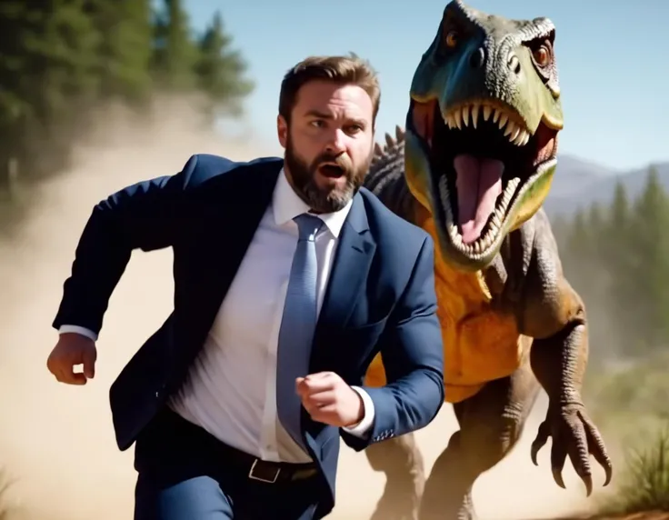 <lora:XL_sargon_v1:1>, 1boy, male focus, solo, facial hair, realistic, beard, suit, upper body, running away from dinosaur, 4k, 8k