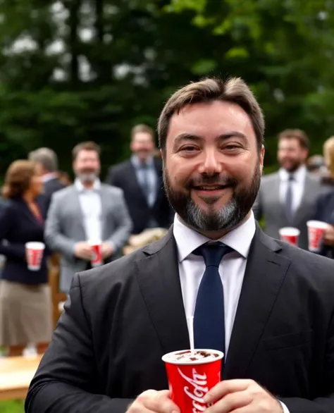<lora:XL_sargon_v11:1>, carlbenjamin, smiling, wearing suit, outside, drinking from soda cup, XL_ZIP_realism
