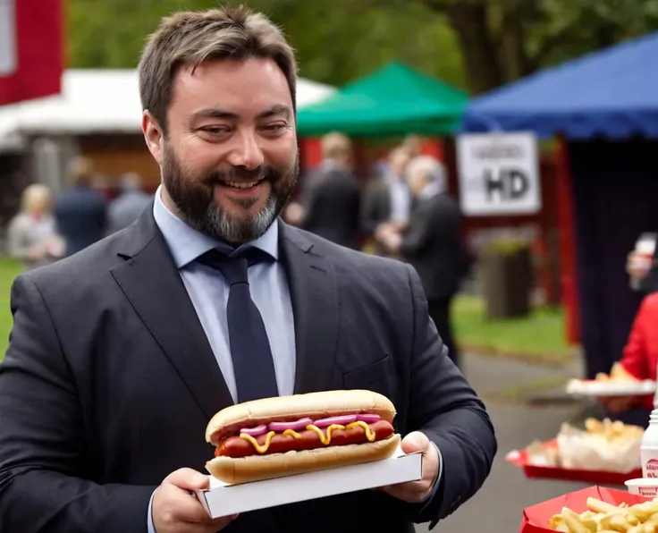 <lora:XL_sargon_v11:1>, carlbenjamin, smiling, wearing suit, outside, holding hotdog, XL_ZIP_realism